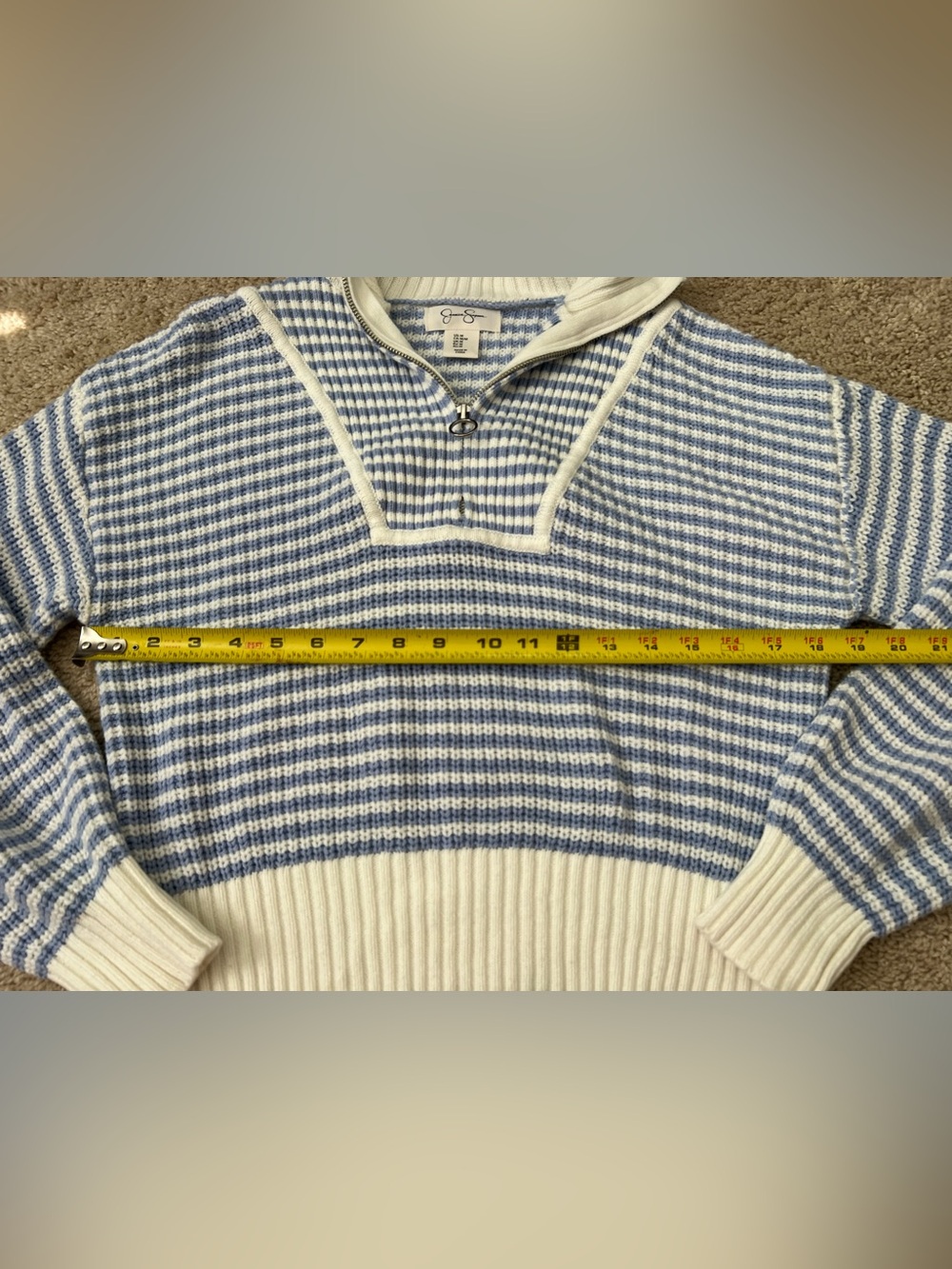 Women’s Medium Blue and White Striped Quarter Zip Knit Nautical Coastal Preppy - Picture 4 of 6